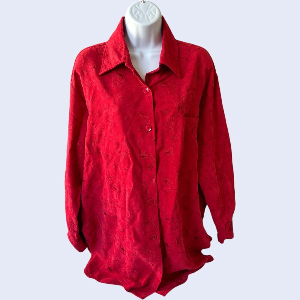 Coldwater Creek S Y2K Embroidered Button Down Blouse Red Relaxed